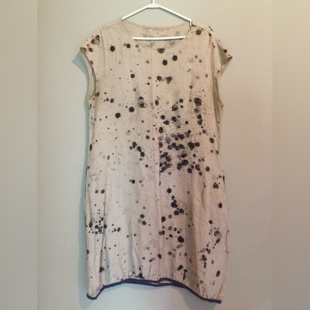 Grizas Linen Dress with Artistic Blue Ink spot Pattern